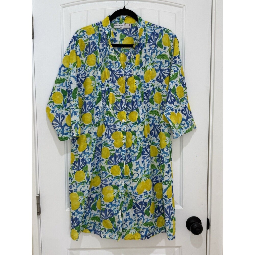 Santorini LEMON GROVE Blue Tile DRESS Size M/Large Sundress Citrus b Tunic
